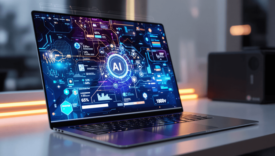 A sleek modern laptop with a vibrant OLED screen showing AI graphics on a clean desk with glowing digital elements symbolizing advanced technology.
Best AI Laptop